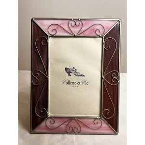 Collette et Cie Stained Glass Picture Frame Pink Purple Hearts 4x6 Photo Frame